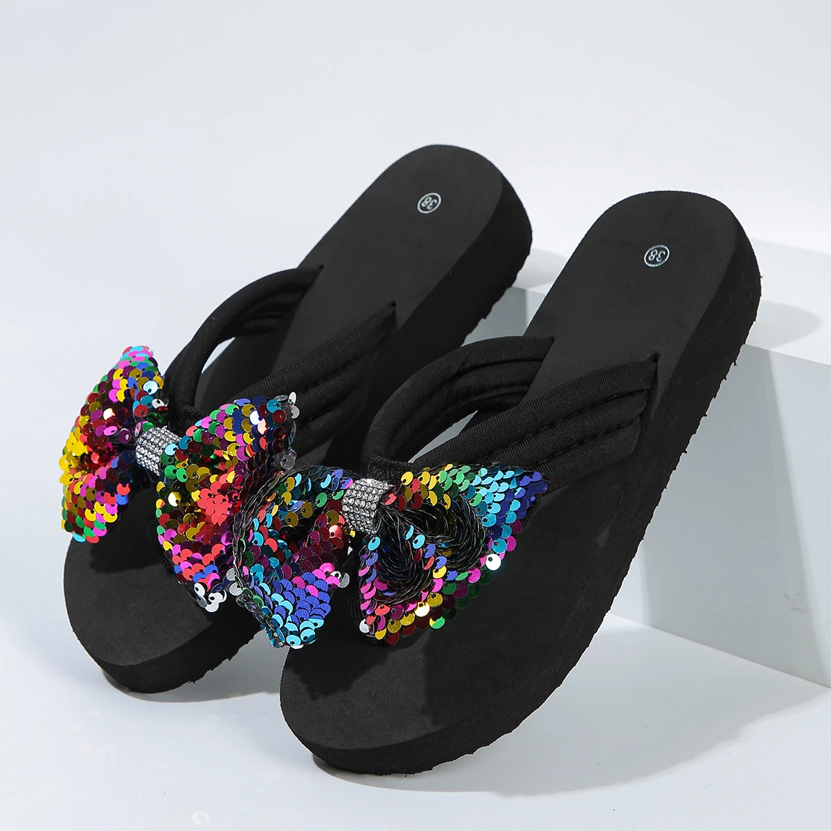 Fashion Sequin Bow Slippers Women New Summer Lightweight Sandals Outdoor Banquet Parties Thick Soled Casual Beach Shoes Durable