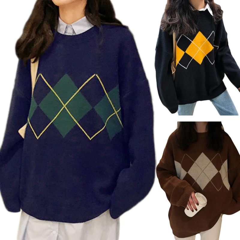 

Women Autumn Long Sleeve O-Neck Sweater Korean College Argyle Plaid Pattern Pullover Tops Oversized Loose Jumper Dropship