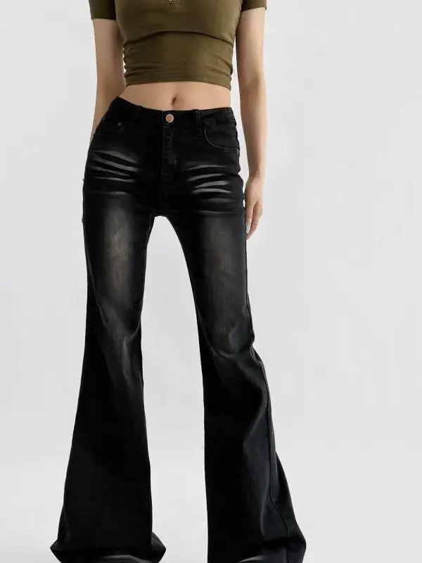 Erweiterte Damen-Jeans mit hoher Taille, elastisch, schlankmachend, lange Hosen, sexy Retro-amerikanische Sle-Beinverbesserung, ausgestellte Denim-Skinnies