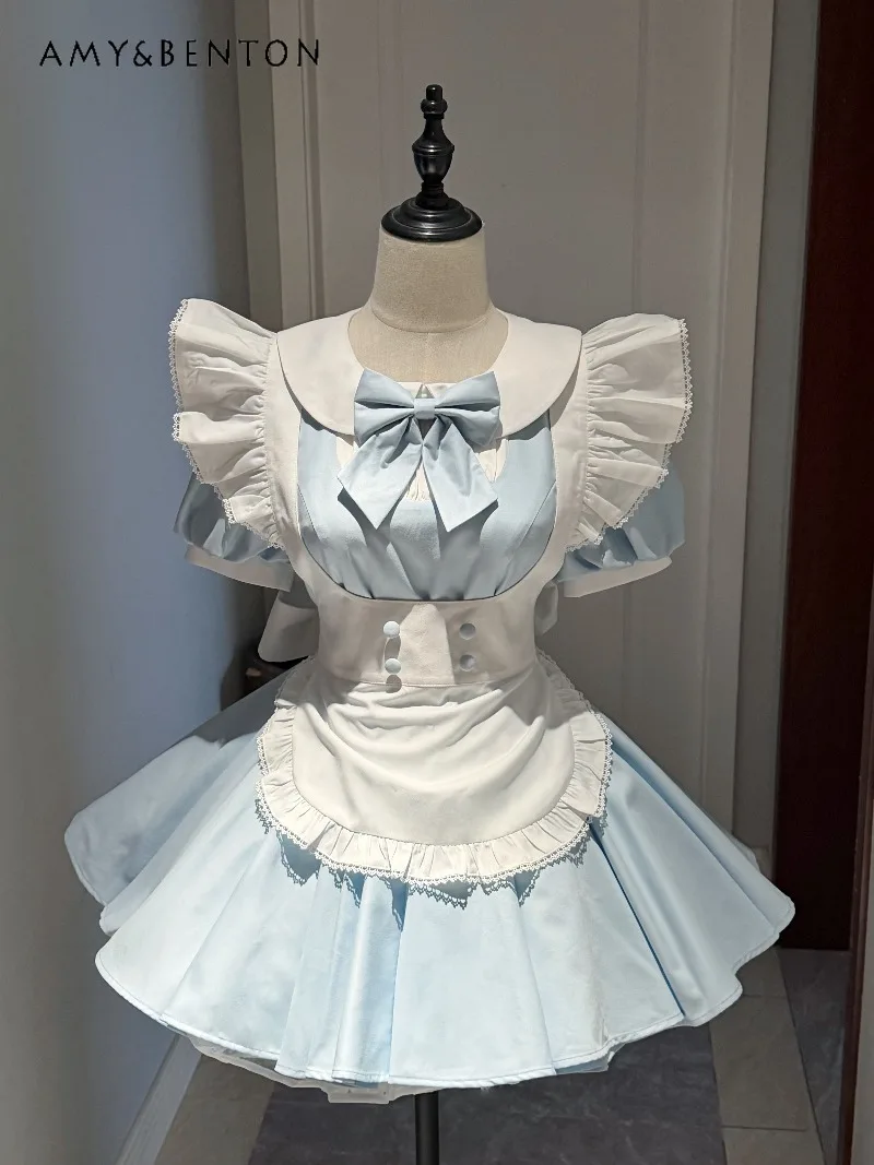 

Original Design Blue Japanese Maid Suit Japanese Style Lolita Sweetheart Girl Dresses OP Short Sleeve Sexy Slim Dress Woman