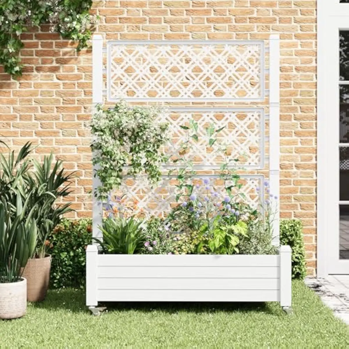 Elevated modular planter with integrated vertical trellis and four lockable 360-degree swivel casters — weatherproof thick plast