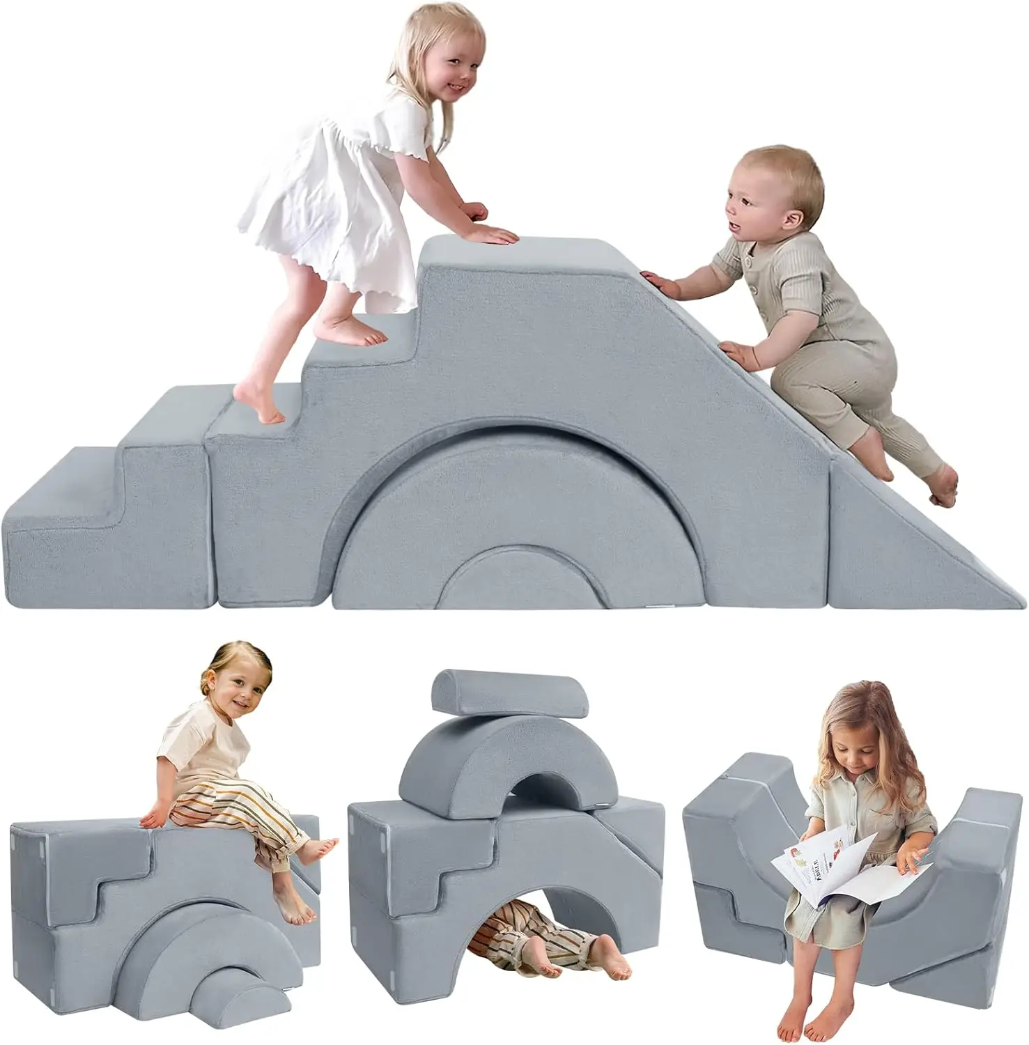 

Modular Kids Sofa with Slide & Stair, Convertible Foam Couch for Playroom & Bedroom, Soft Washable Cover, Ages 3+, Grey