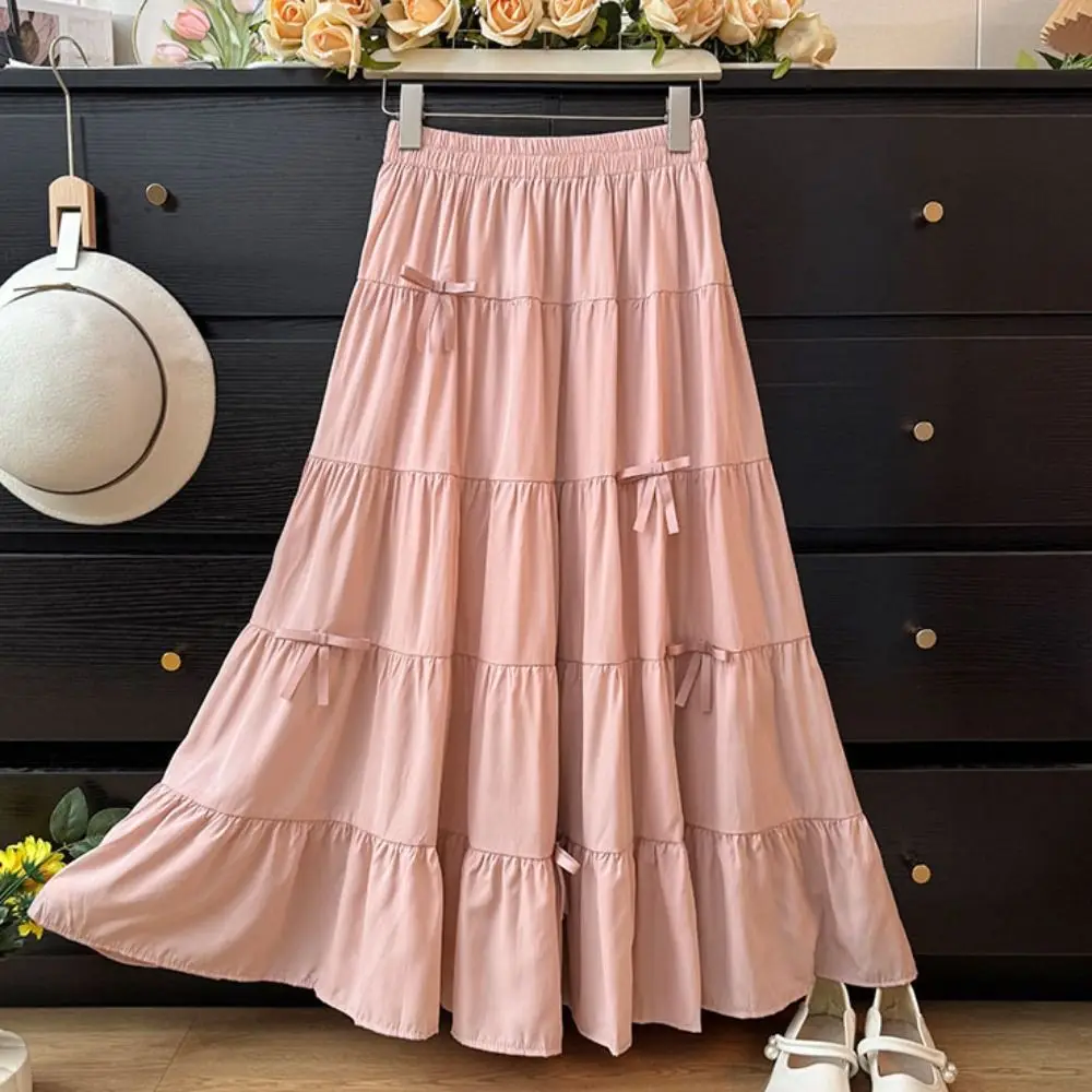 

Многоярусная юбка-миди с бантом, плиссированная высокая талия, длинные юбки трапециевидной формы, шикарное однотонное длинное платье с семью точками, весна-лето