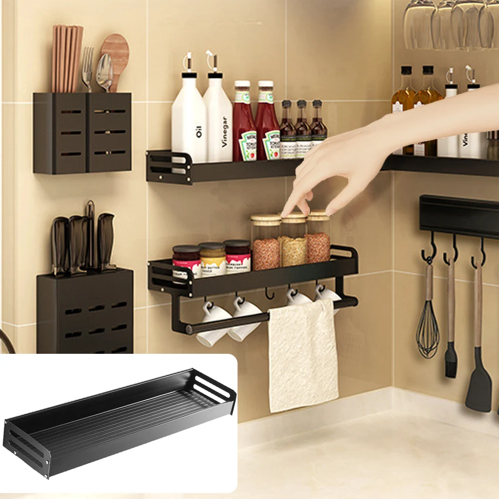 Wall-mounted 40/50cm Aluminum Kitchen Accessories Storage Shelf Multifunctional Punch-Free For Spices Organizer Rack