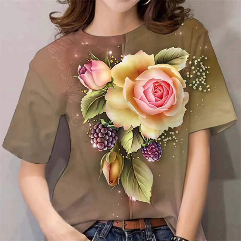 Novo design de luxo camiseta feminina senhoras 3d floral impressão harajuku y2k roupas femininas diário casual moda manga curta camisetas