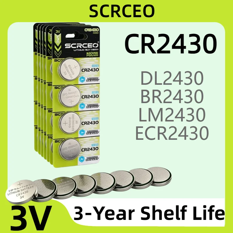 

5-100PCS Button Batteries CR2430 DL2430 BR2430 LM2430 ECR2430 3V Lithium Battery Coin Cells for Small Electronics Power Supplies