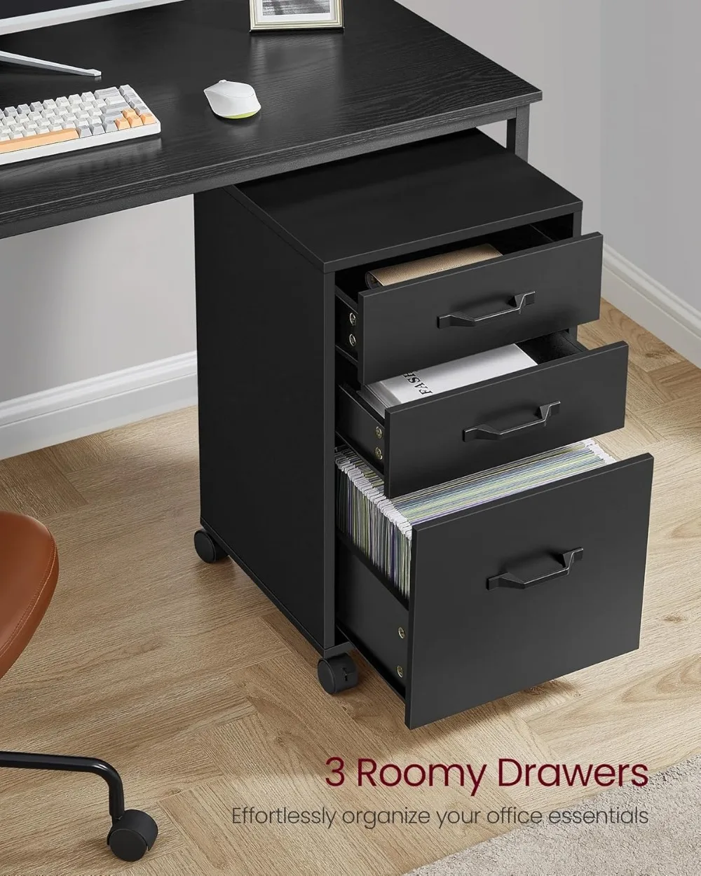 3-Drawer Rolling File Cabinet with Wheels, Lockable Casters for A4 Letter Documents, Home Office Storage Solution in Black
