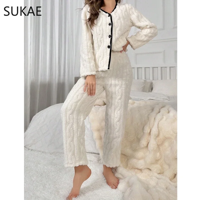 Warm Winter Women Pajamas Set Jacquard Fluffy Lady Sleepwear Elegant Plain White V-neck Lapel Thermal Pijamas Casual Nightwear