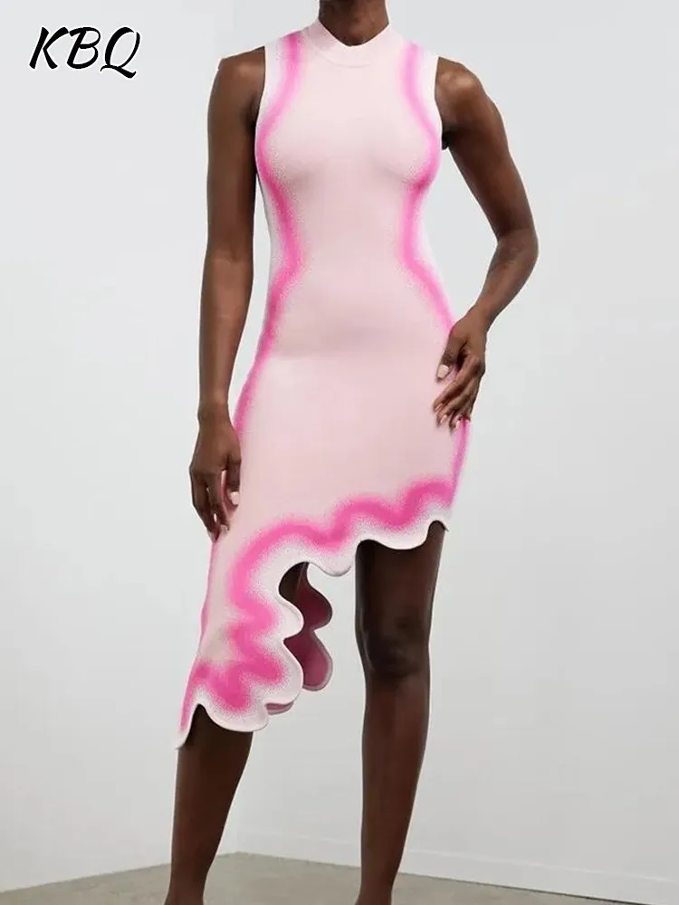 

KBQ Asymmetrical Hit Color Dresses For Women Round Neck Sleeveless High Waist Slimming Irregular Dress Female Fashion Clothing
