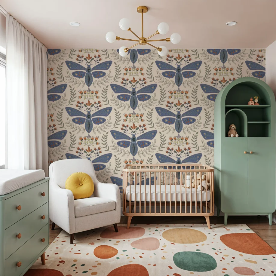Customized size mural with symmetrical insect wings, moth wallpaper, warm brown, cream red, flower flat pattern wallpaper