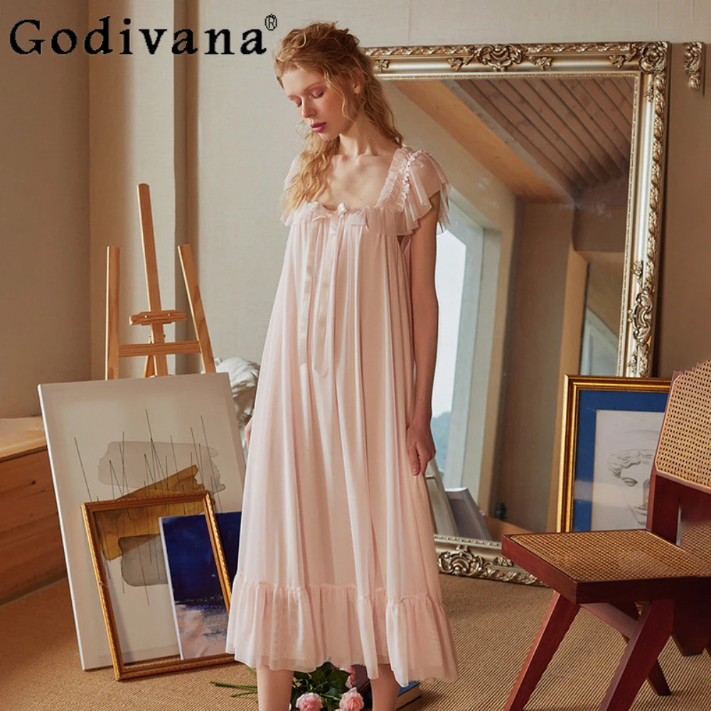 Pajamas Women's Summer 2024 Lace Bow Nightdress Vintage Sweet Princess Suspender Sleepwear Thin