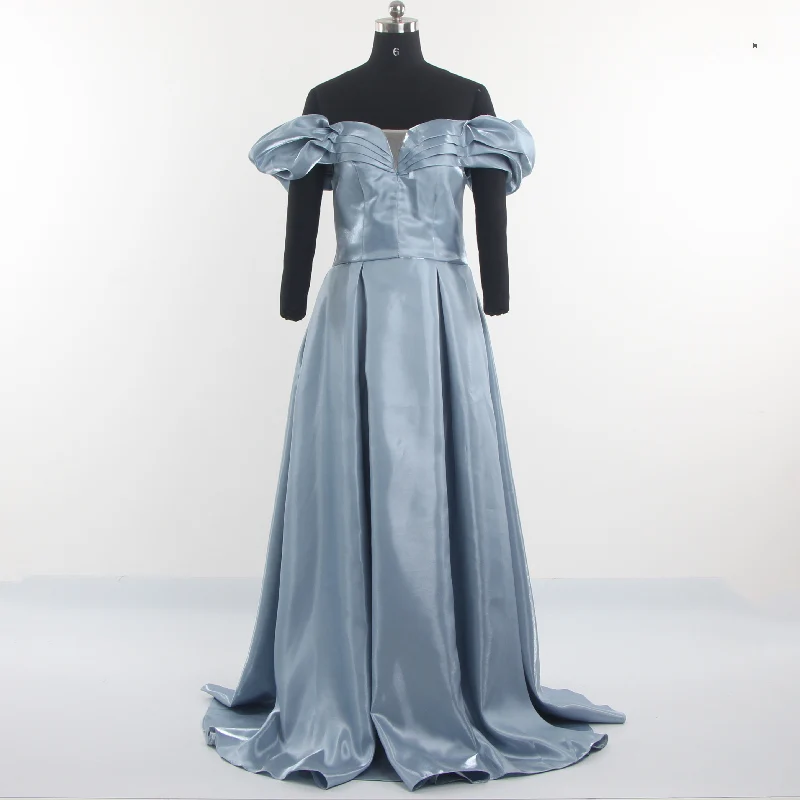 

Evening Dresses Haze Blue Off the Shoulder Puff Sleeves A-line Floor-length Lace up Pleat Women Party Formal Dress 2022 B1533