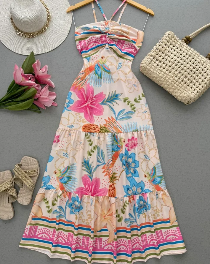 

Flower Print Suspender Lace Up Holiday Style Dress for Women's Summer Casual High Waisted A-Line Slim Fit Suspender Dress