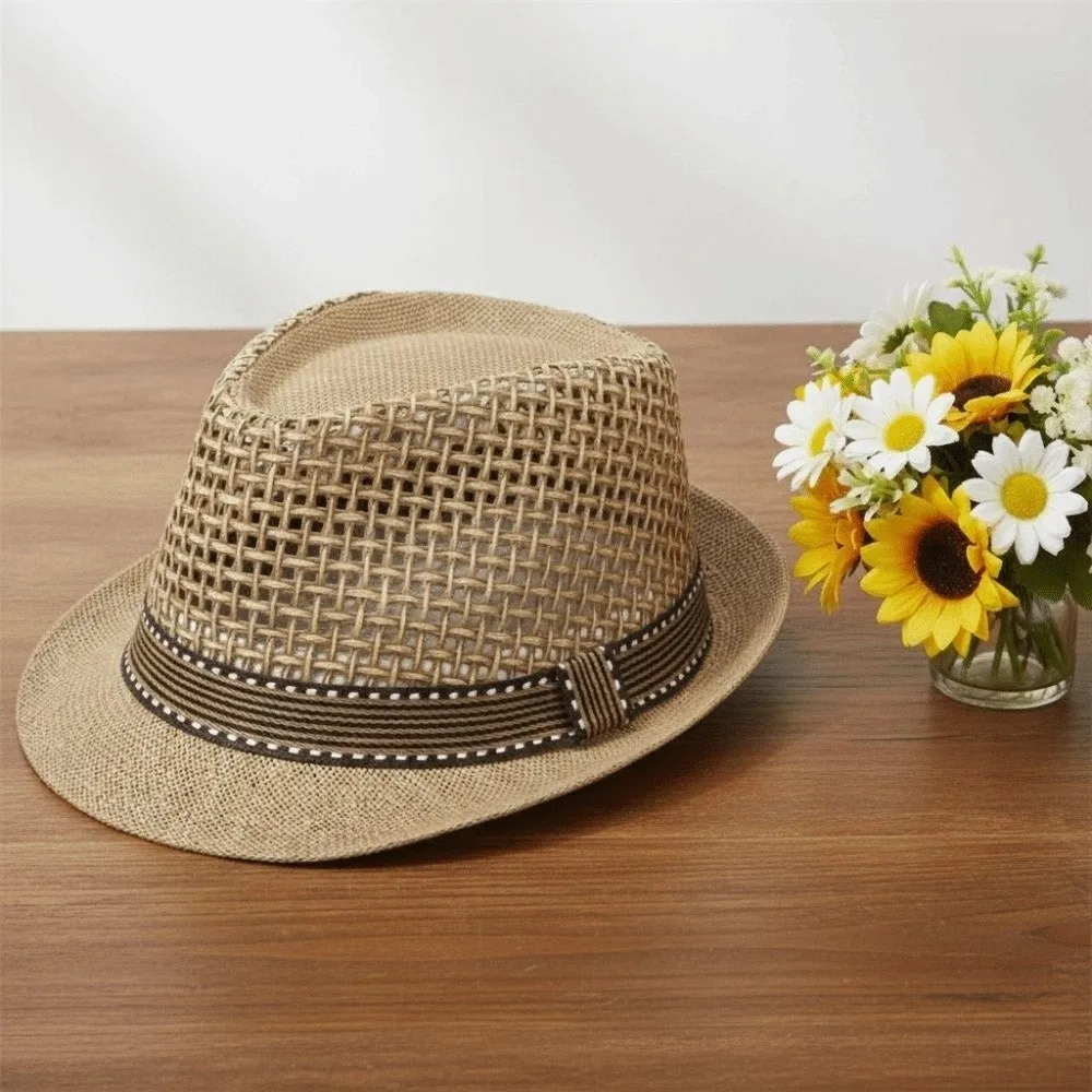 Elegant Short Brim Men Panama Hat Lightweight Breathable Woven Straw Hat Sombrero Hollow Out Vacation Beach Cap Performances view 3