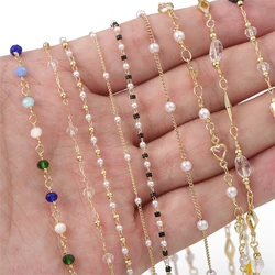 50cm 14K Gold Plated Copper Chain Handmade Pearl Crystal Beaded Chain Connector for Necklace Bracelet DIY Jewelry Making Finding