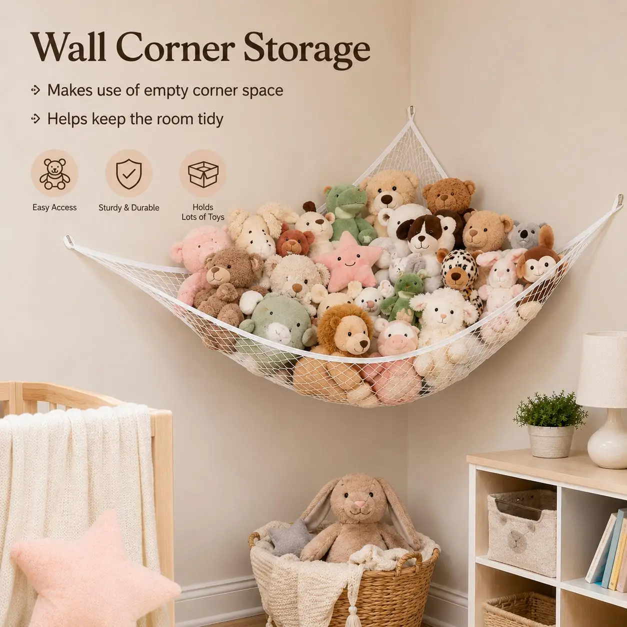 Mesh Toy Storage Hammock Hanging Stuffed Animal Organizer Net Large Space-Saving Wall Corner Holder Hollow-Out Room Decor for Kids Bedroom Nursery Playroom Easy Install Plush Toys Display view 7
