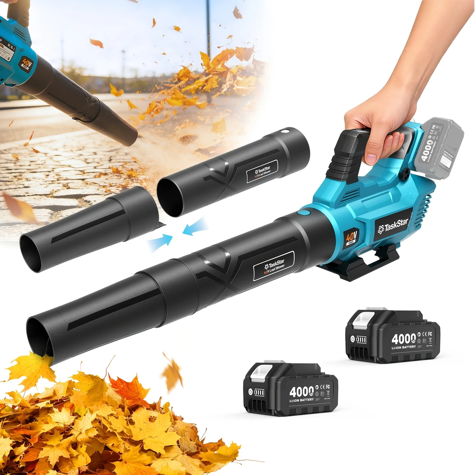 

Аккумуляторная воздуходувка TaskStar для газона, 3 скорости, 440 CFM, 40 В, с двумя аккумуляторами 4.0 Ач и зарядным устройством, с бесщеточным двигателем