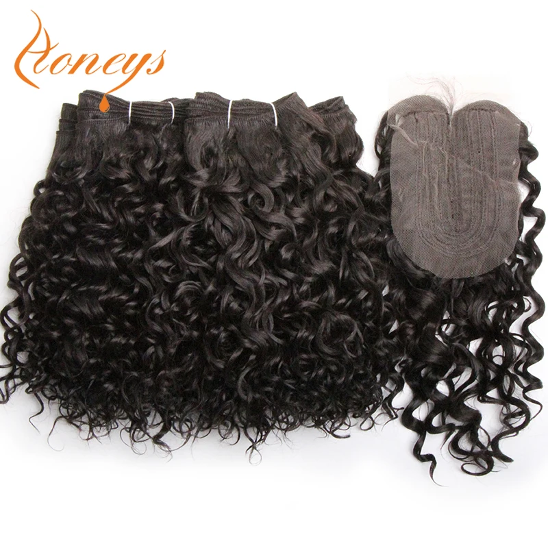 Synthetisch Gemengd Menselijk Haar Weave 10Inch 4 1/Lot Kinky Krullend Haar Bundels Met Sluiting Gemengde Human Hair Extensions Voor Vrouw