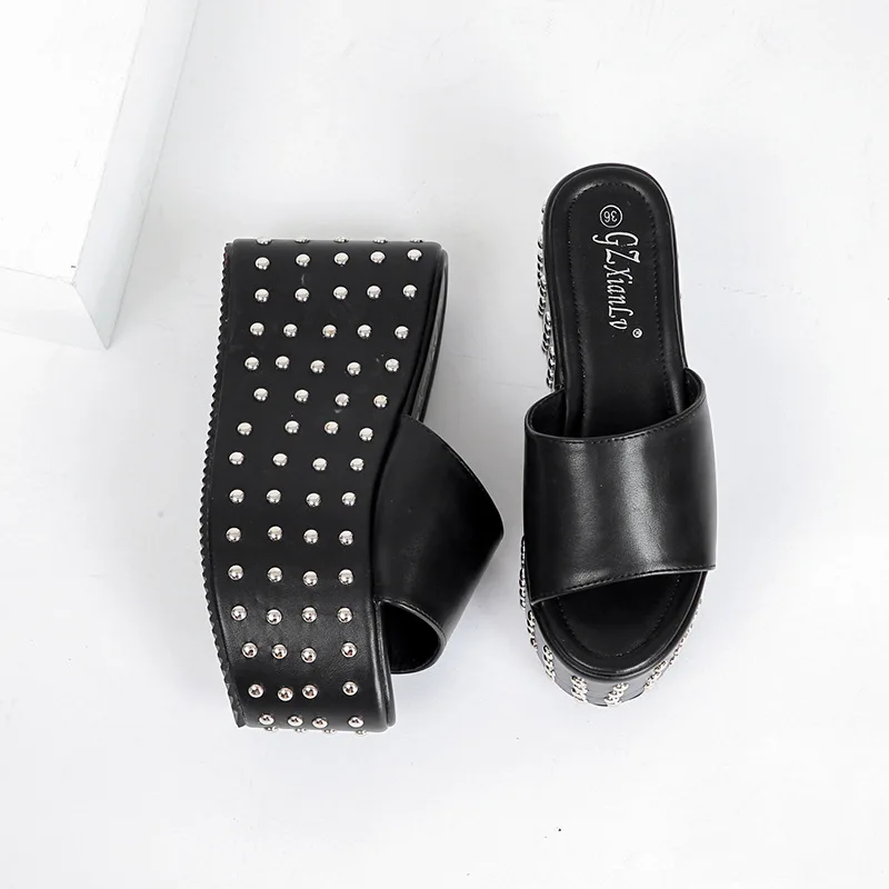 Studded Women\'s Platform Sandals High Heels Wedge Open Toe Slip On Backless Mules Summer Slippers Shoes Big Size