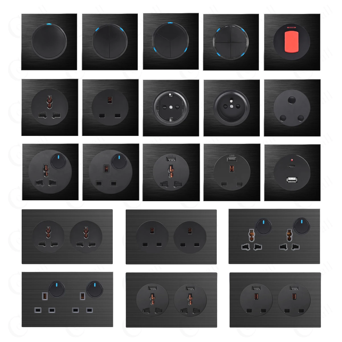 Coswall-ウォールライトのオン/オフスイッチ,1ギャング,1ウェイ,ledインジケーター付き,つや消しアルミニウムパネル,ブラック/シルバーグレー