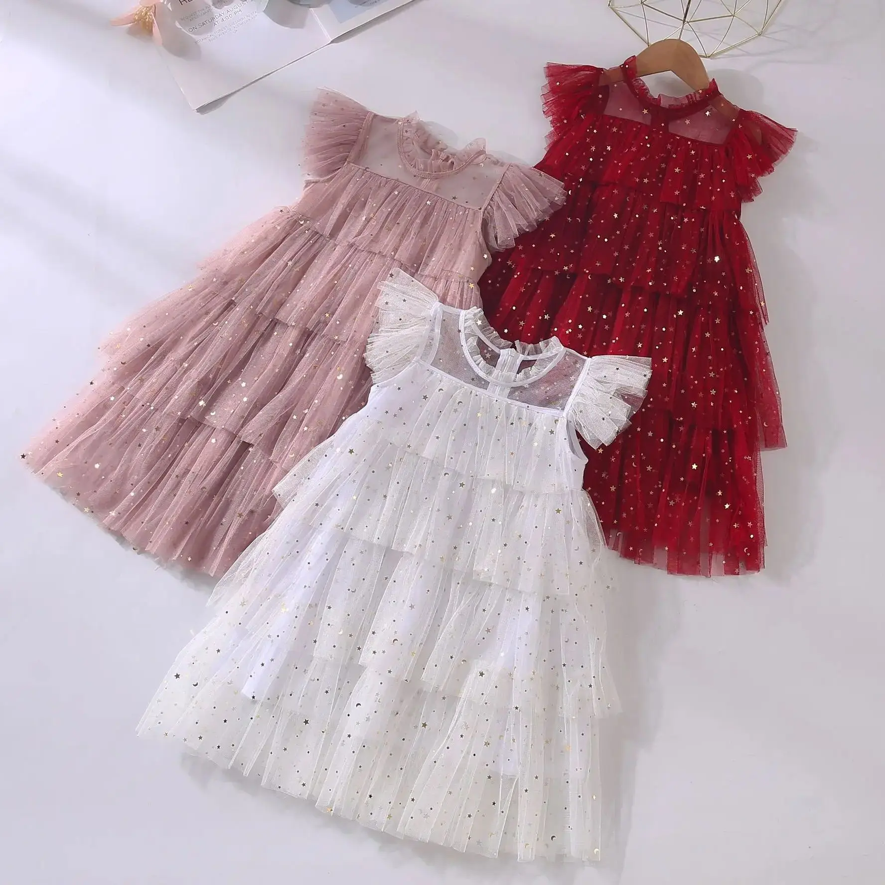 

Summer Costumes For Girl 2025 Baby Girls Birthday Dress Toddler Flying Sleeve Star Sequins Mesh Skirt Children Casual Cake Dress