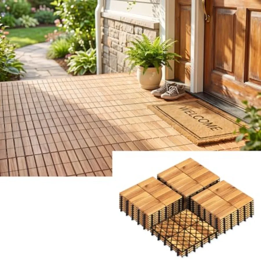 PCS Acacia Wood Deck Tiles, Interlocking Patio Flooring Tiles with Drainage Base, sq.ft Waterproof Outdoor Floor Tiles for Balc