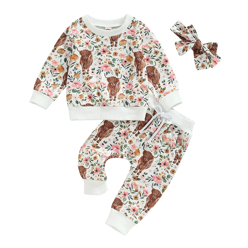 Infant Baby Girl Clothes Set Floral Cow Print Long Sleeve Crew Neck Tops Elastic Waist Long Pants Bow Headband 3Pcs Set