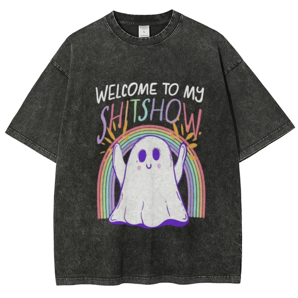 Welcome To My Shitshow Ghost Rainbow Vintage Unisex Washed T-shirt, Halloween Shirt