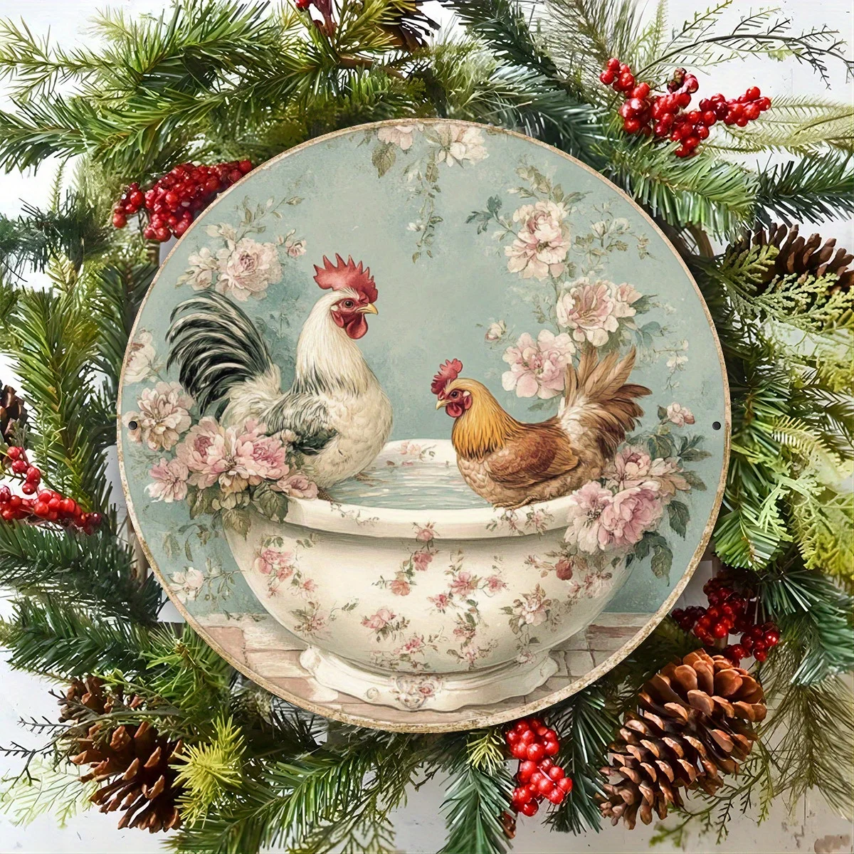 مسطح ثنائي الأبعاد، قطعة واحدة، لافتة فنية جدارية معدنية مستديرة على شكل دجاجة ساحرة مع تصميم زهور - ديكور منزلي من الألومنيوم مقاس 8 × 8 بوصة للمقهى، Apar