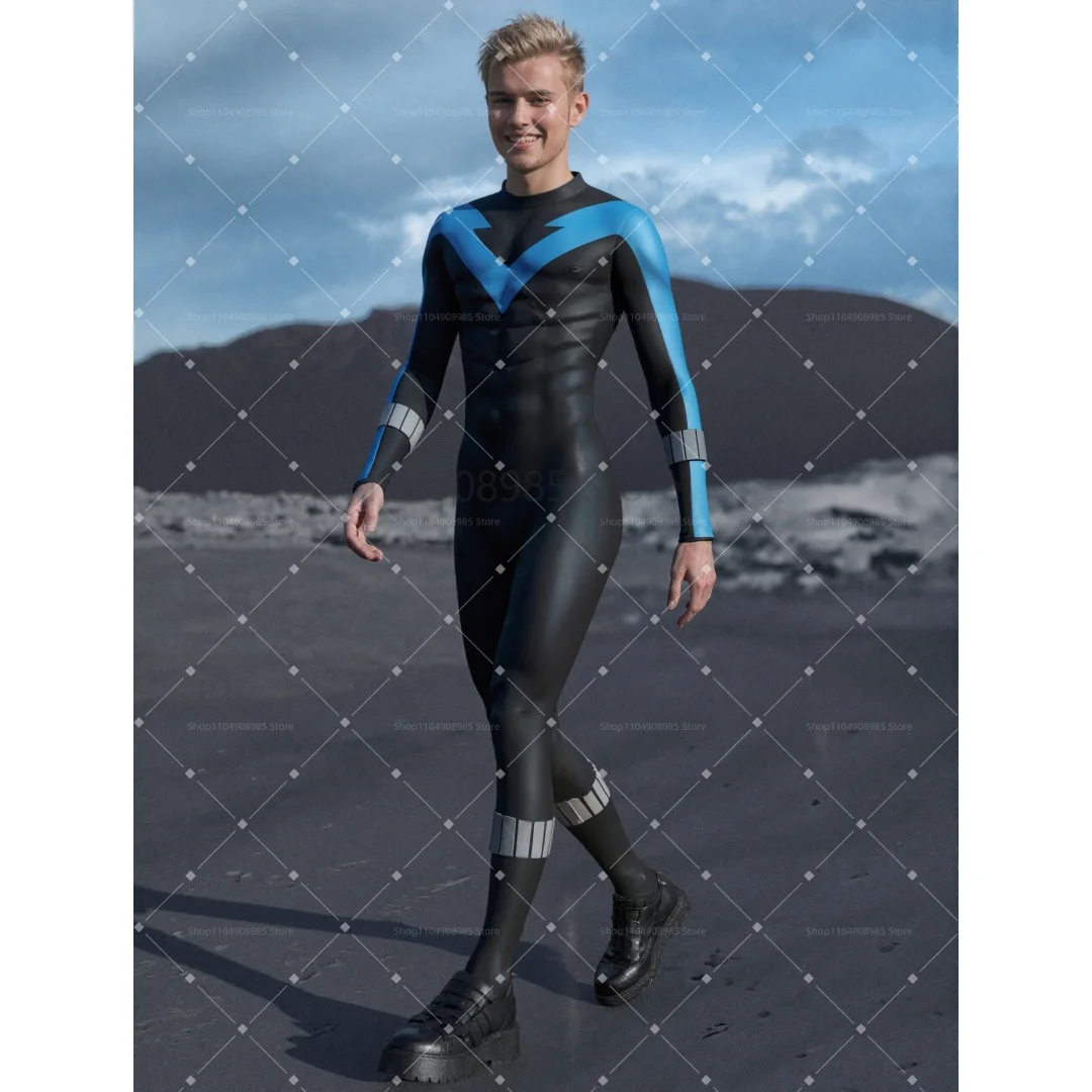 Superhero Men's Cosplay Cool Blue Black Tights Muscle Bodysuit Suit Carnival Party Performance Role Play Tights 2026 - view 4