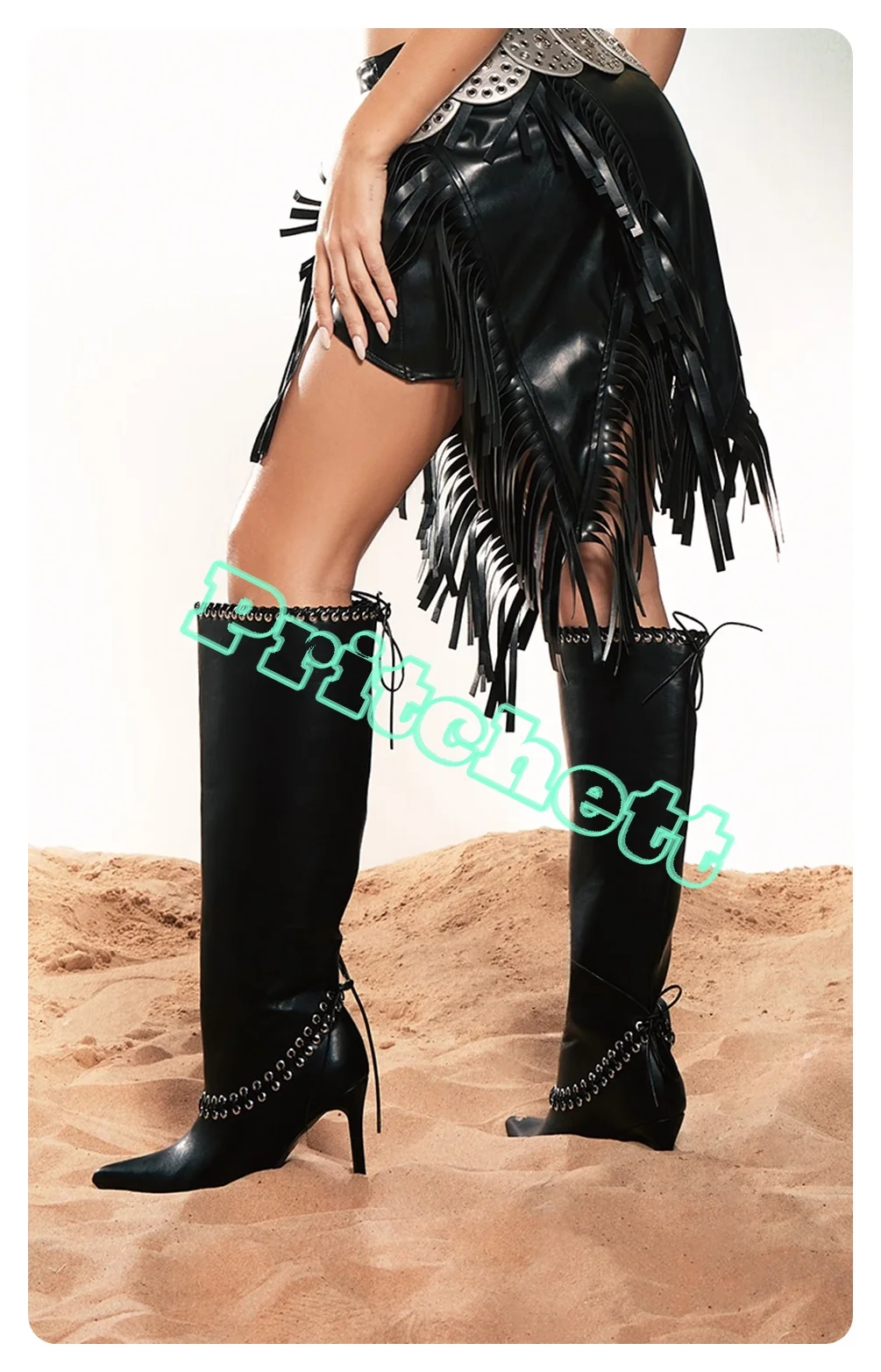 Black Leather Pointed Toe Knee-high Ankle Women Boots Tassel Buckle Lace Eyelets  Thin High Heels Autumn Winter 2024 New