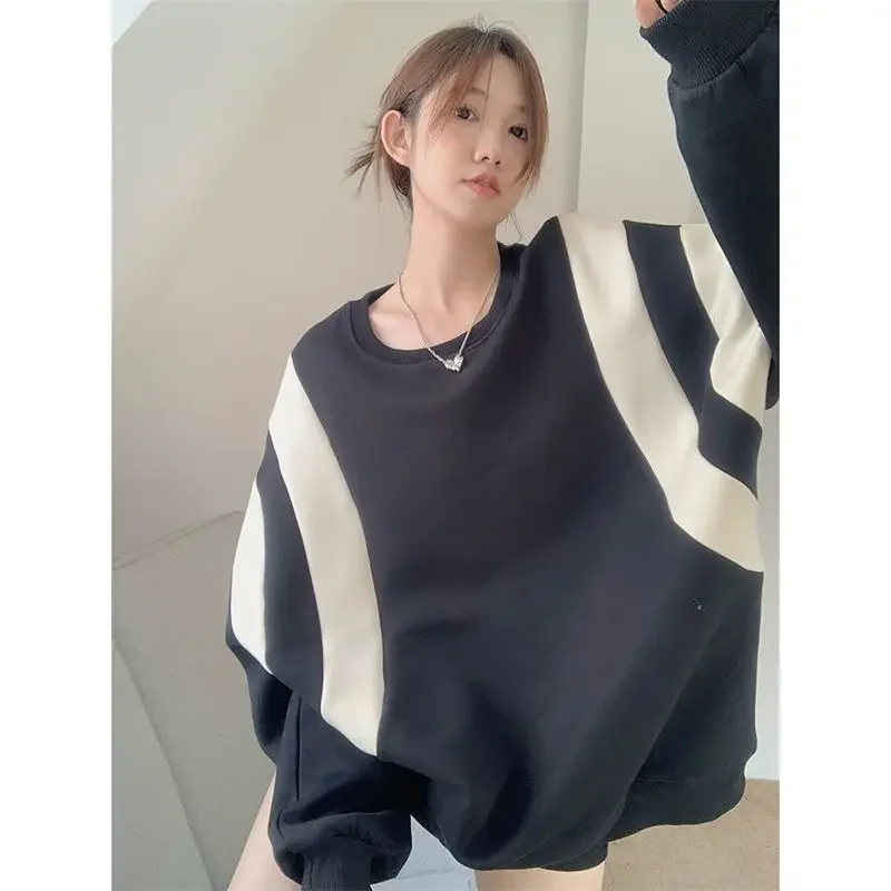 Oversized Lazy Stripe Spliced Contrast Sweater with Autumn and Winter Design Small and Super Loose Round Neck T-shirt Ins Top