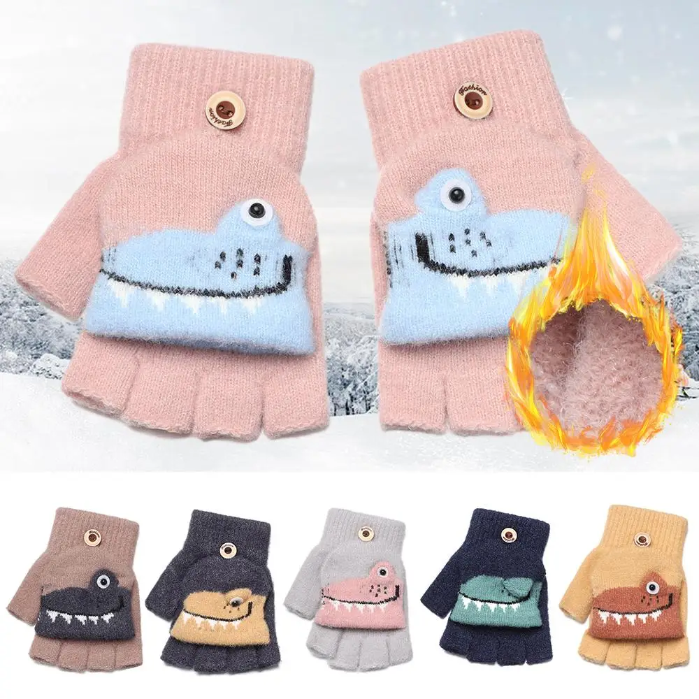 

Cute Warm Soft Lined Kids Cartoon Dinosaur 5-12Y Winter Knitted Gloves Half Finger Flip Gloves Kids Gloves Convertible Gloves