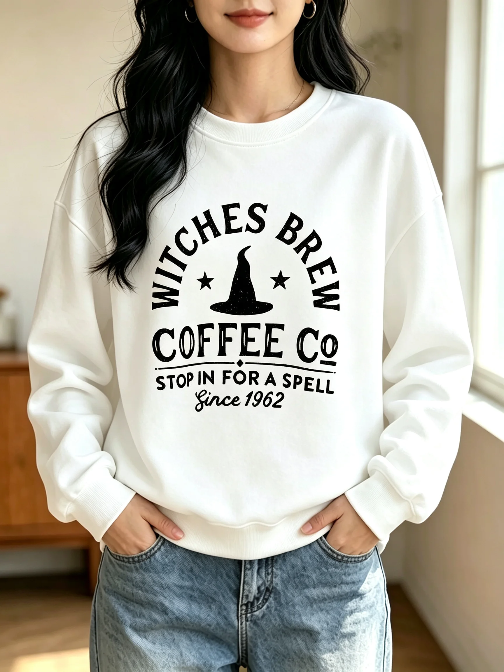 Women Crew Neck Sweatshirt Witches Brew Coffee Co Witch Hat Graphic Pullover Casual Halloween Fall Long Sleeve Party Tops