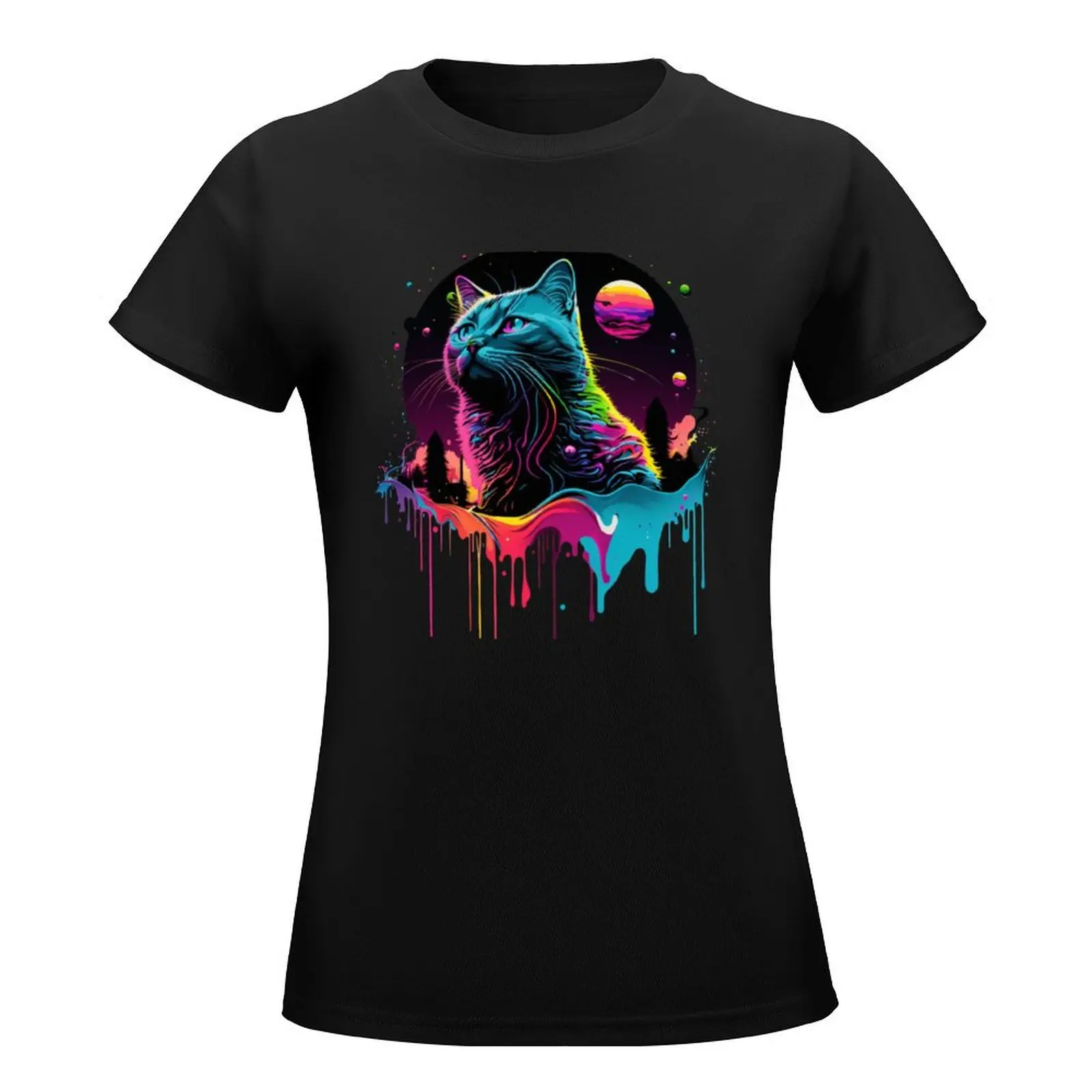 Stylish cat on the moon with paint traces T- Shirt T-Shirt summer clothes korean fashion Female clothing tops woman t shirt