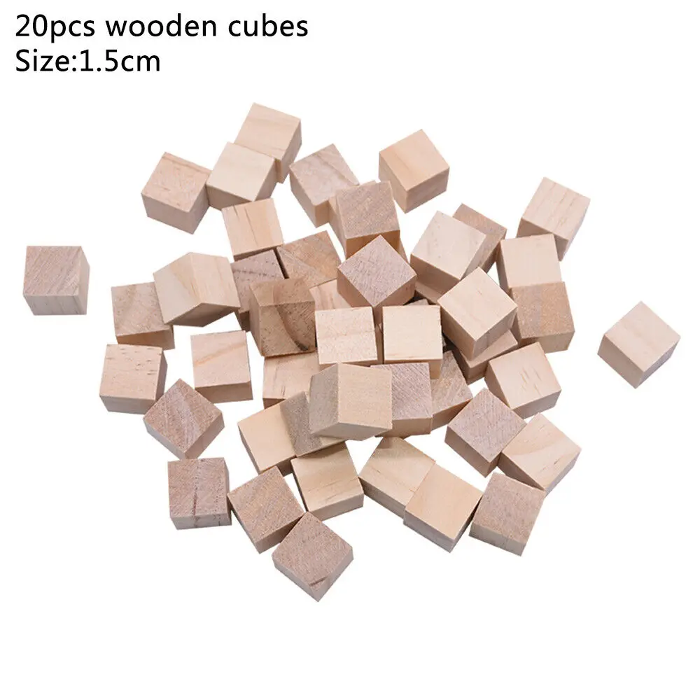 20pc Blank Wooden Square Blocks Wood Cubes for Woodwork Craft Kids DIY Toy Stick