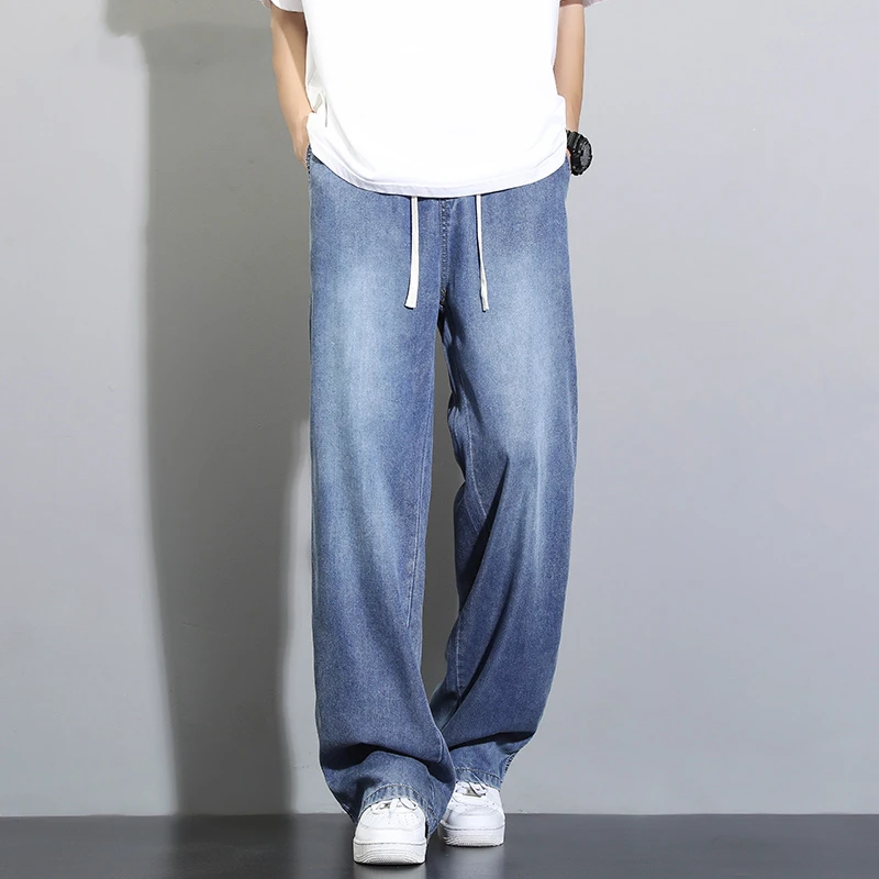 Trendy Ice Silk Solid Color Summer Men Jeans Thin Style Washing Casual Loose Straight Tube Elastic Waist Comfortable Trousers