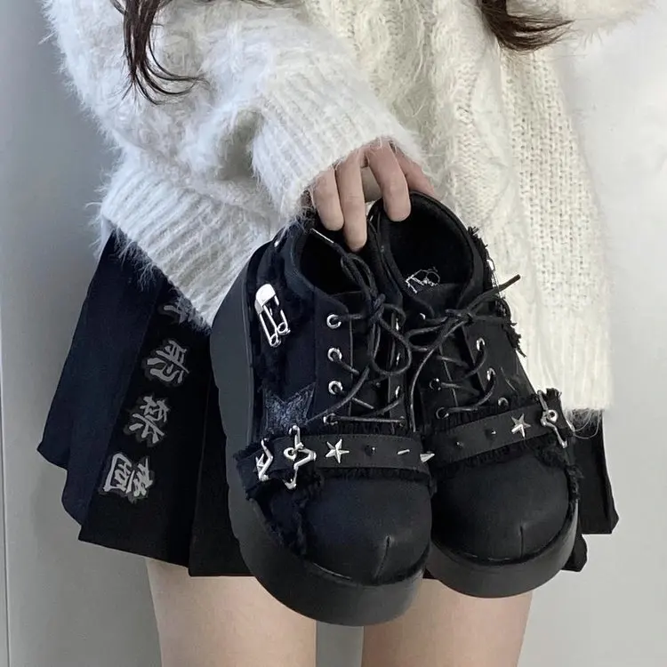 Y2K Alt Fashion Platform Creepers Ladies Star Metal Chain Stud Decor Punk Wedge Shoes Free Shipping