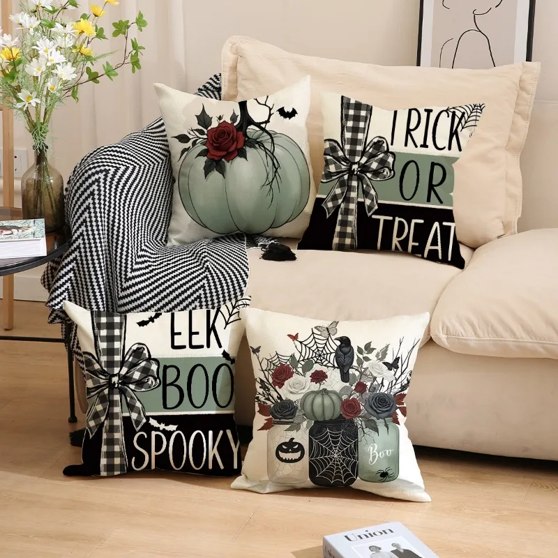 

4pc Halloween Decoration Pillow Covers 45x45cm for Halloween Indoor Outdoor Ornament for Sofa Bedroom Home Bed Decor