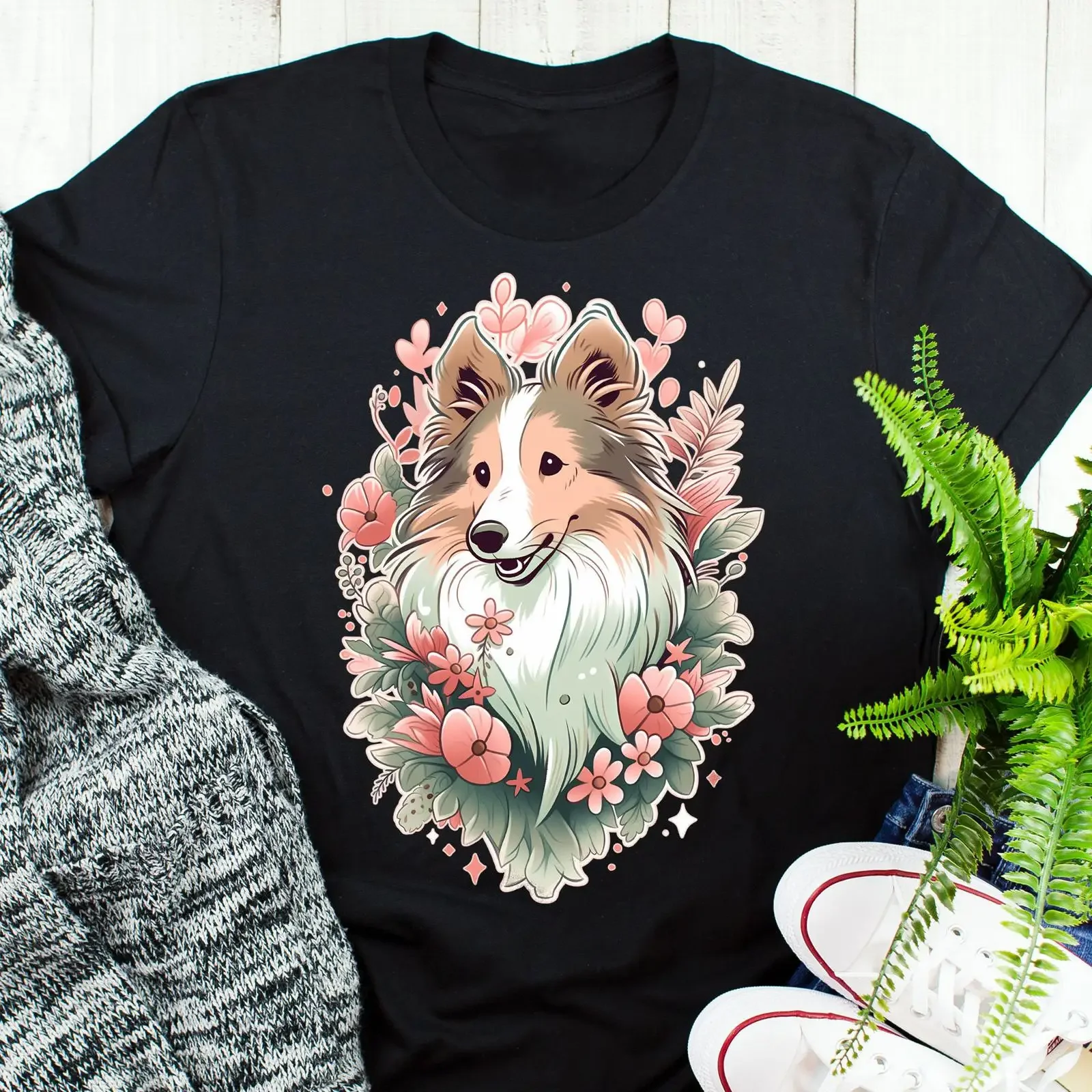 Cute Floral Sable Sheltie T Shirt Shetland Sheepdog Collie Dog Lover for Mom Dad  vintage Washed Casual Stretched Stylish