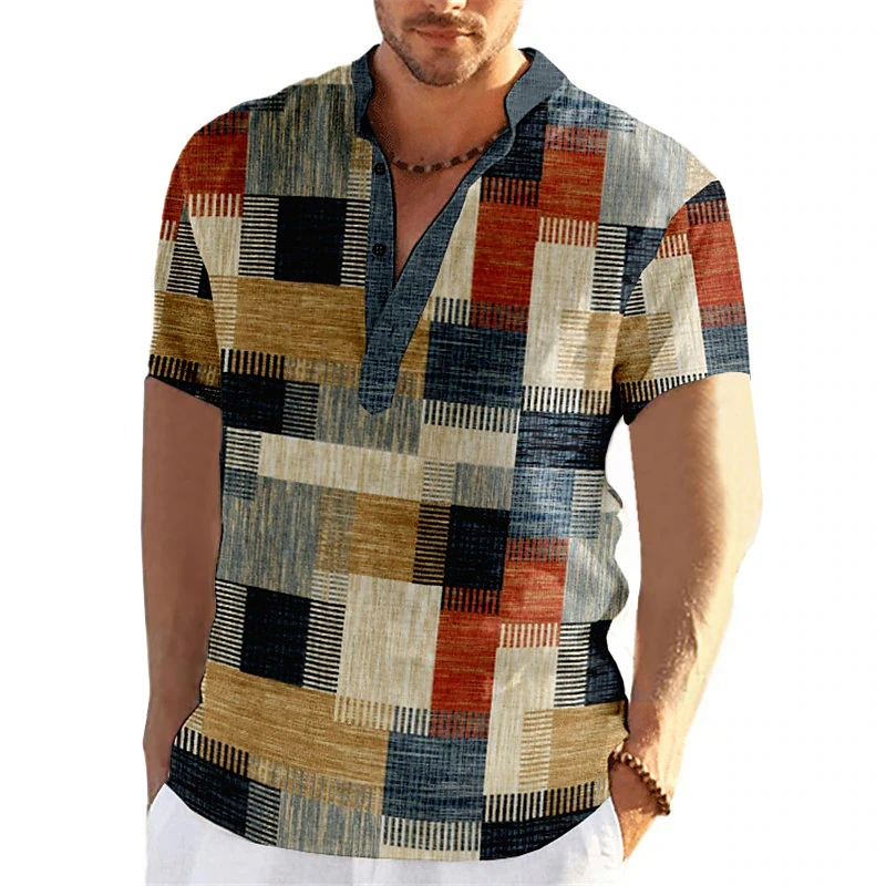 Vintage Patchwork Color Block 3D Print Henley Shirts Men's Fashion Stand Collar Short Sleeve T Shirt Male Tees Tops Man Clothing image 6