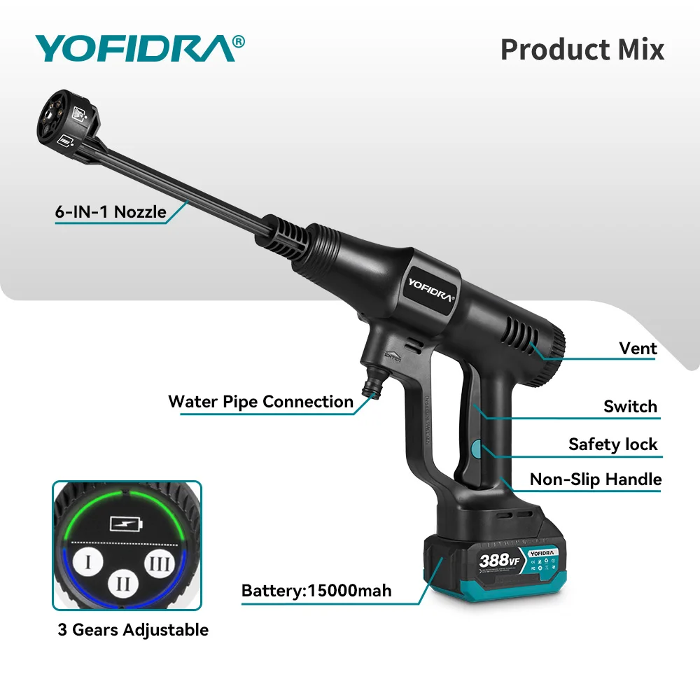 YOFIDRA 6IN1 200Bar Bürstenloser Hochdruck-Autowascher Wasserpistole Haushaltsreiniger Waschsprühpistole für Makita Akku – Detail 4