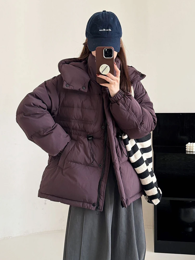 Piumino invernale di media lunghezza con cappuccio a sbuffo Piumino da donna con coulisse in vita Piumini d'anatra bianchi Capispalla Parker con cerniera calda femminile