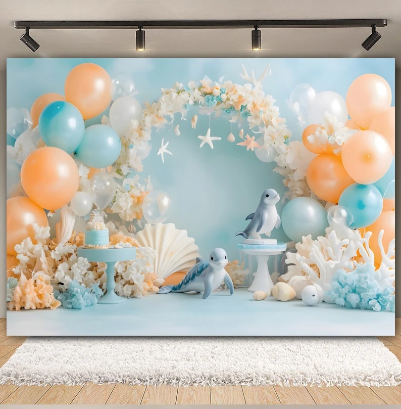 Blue Underwater World Theme Backdrop For Photography Ocean Dolphin Arch Balloon Kids Portrait Background Decor Photo Studio Prop
