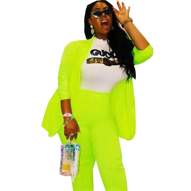 Plus Size Fluorescent Green Blazer Two Piece Set Women New Solid Colors V-Neck Casual Office Blazer Pants Suit with Elastic Band