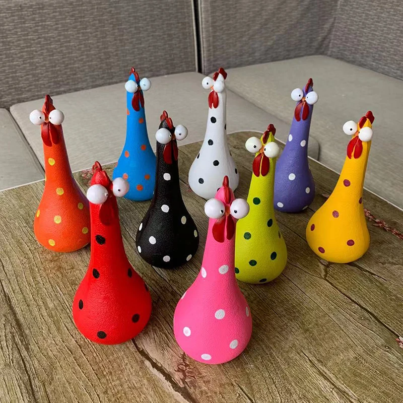 Quirky Big-Eyed Chicken Figurine Colorful Polka Dot Resin Statue Long Leg Chicken Expressing And Joy Garden Yard Decor