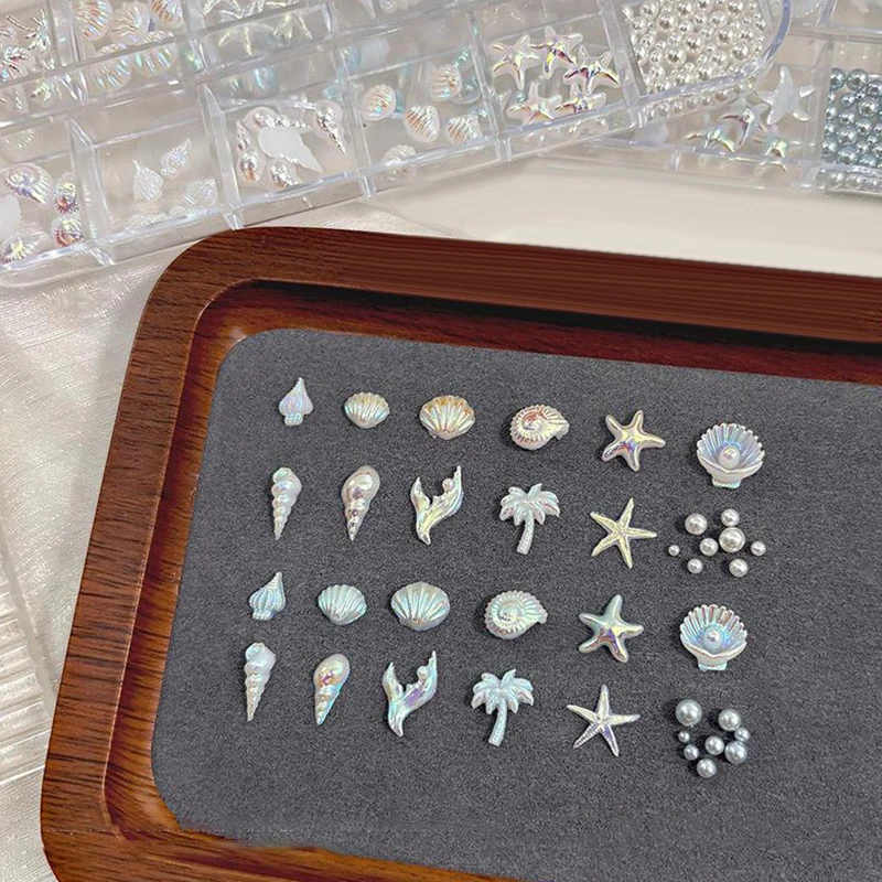 12 Grids/Box Aurora Nail Charm Shell Starfish Mermaid Tail 3d Art Accessories For Dreamy And Oceanic Manicure Look