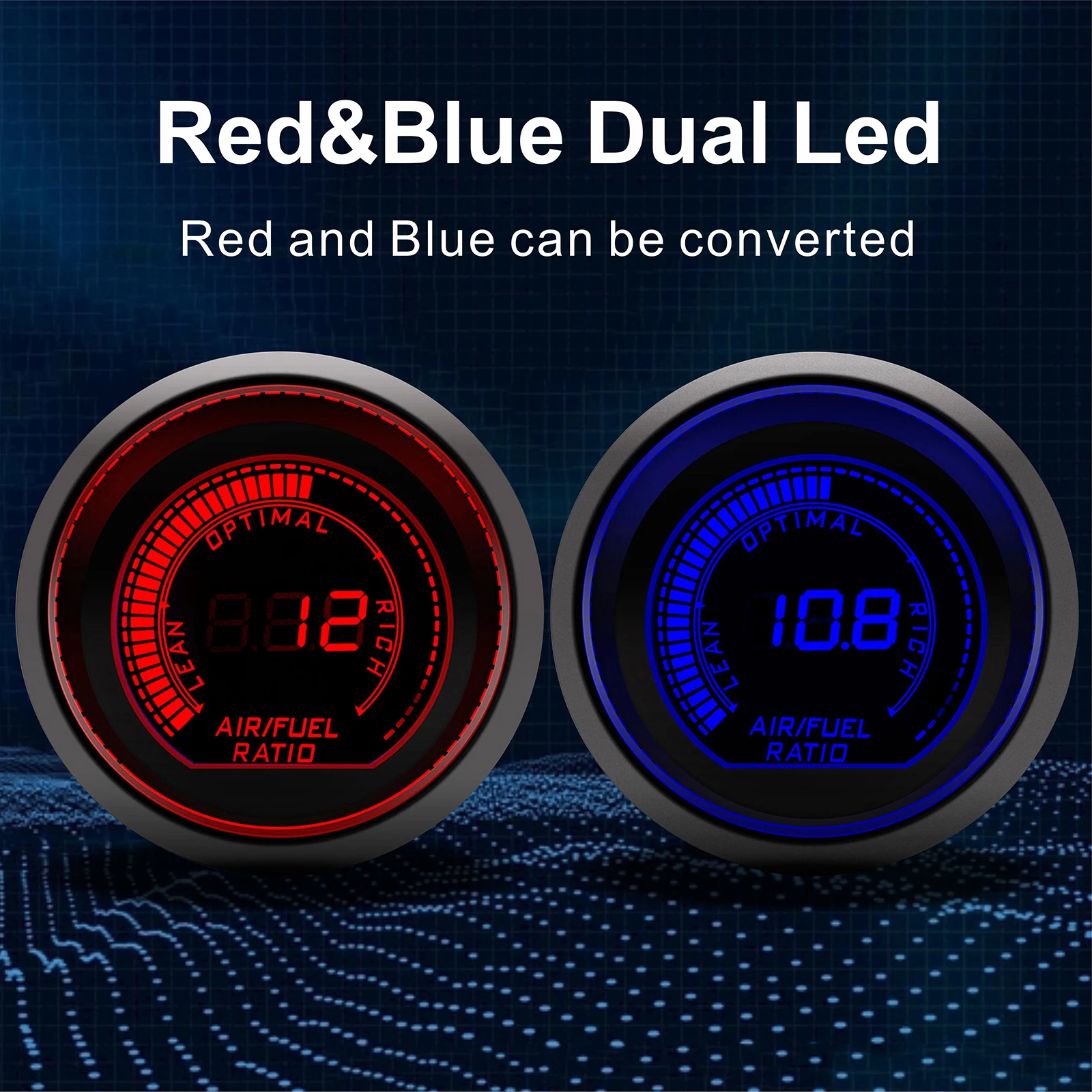 Blue/Red Dual LED Racing  Air Fuel Ratio Gauge Kit 52mm AFR Digital Display With Narrowband O2 Oxygen Sensor OE:0258006028 12V