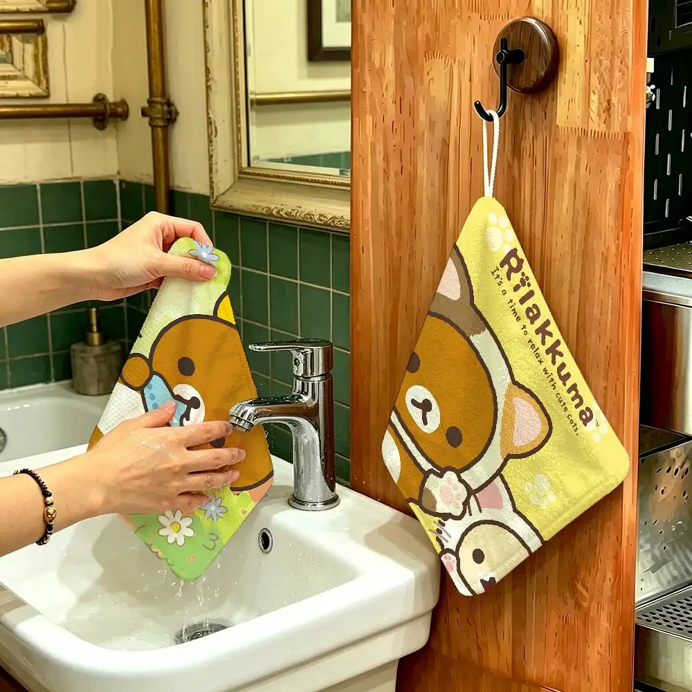 R-Rilakkuma Cartoon Anime Polyester Cotton Hand Wiping Towel, Anti-shrink Hanging Kitchen Cloth For Household Cleaning