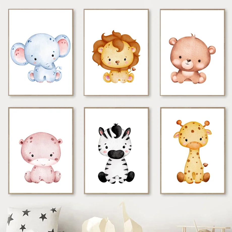 

Cute Elephant Lion Giraffe Zebra Hippo Bear Wall Art Posters Prints Nordic Canvas Painting Animals Pictures For Kids Room Decor